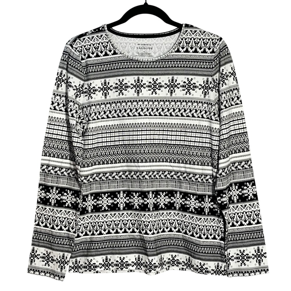 Talbots Womens Long Sleeve Tee Black White Geometric Fair Isle Cotton Top Size M